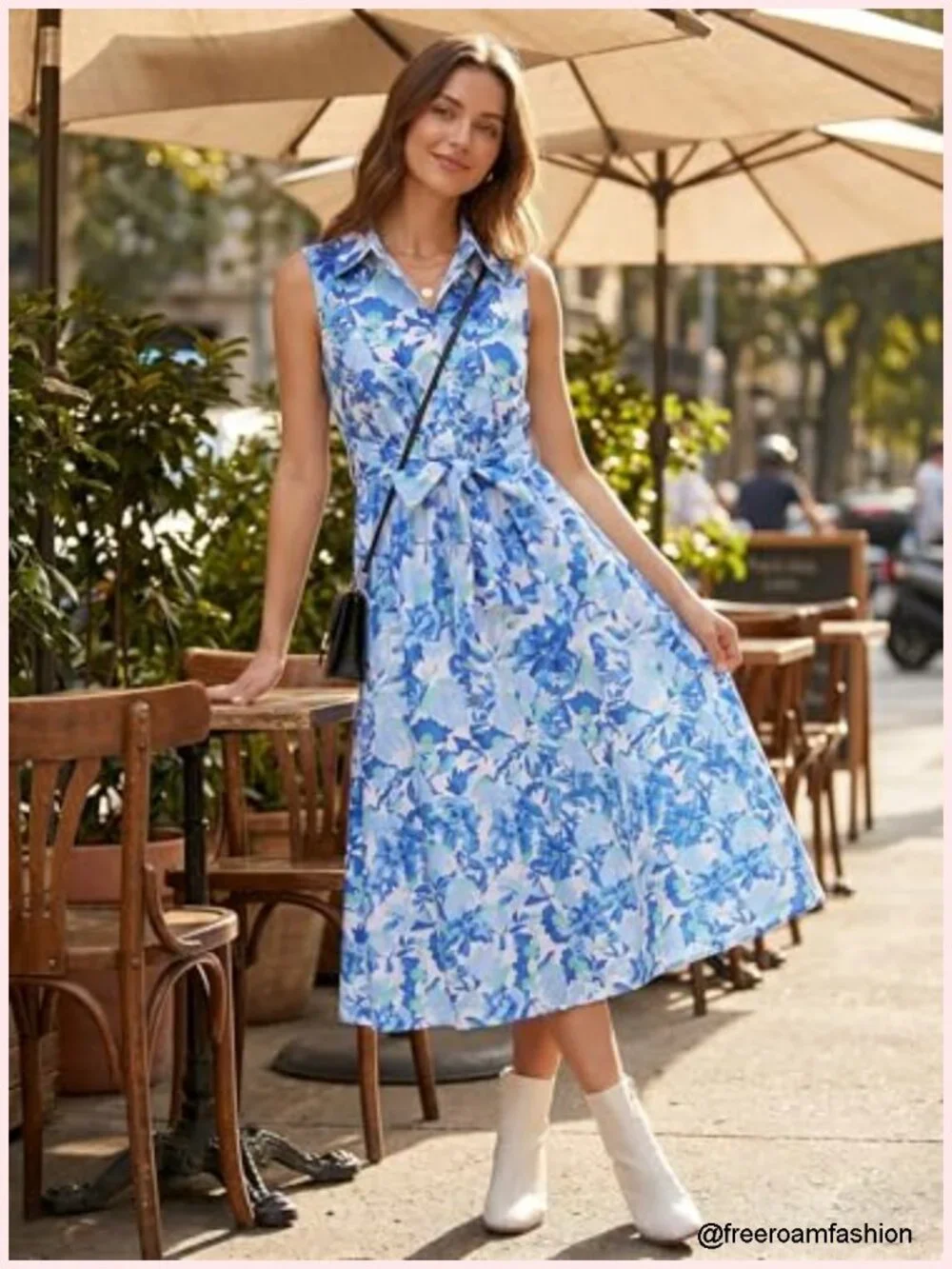 Sleeveless Floral Flowy A-Line Midi Dress with Pocket and Tie Belt